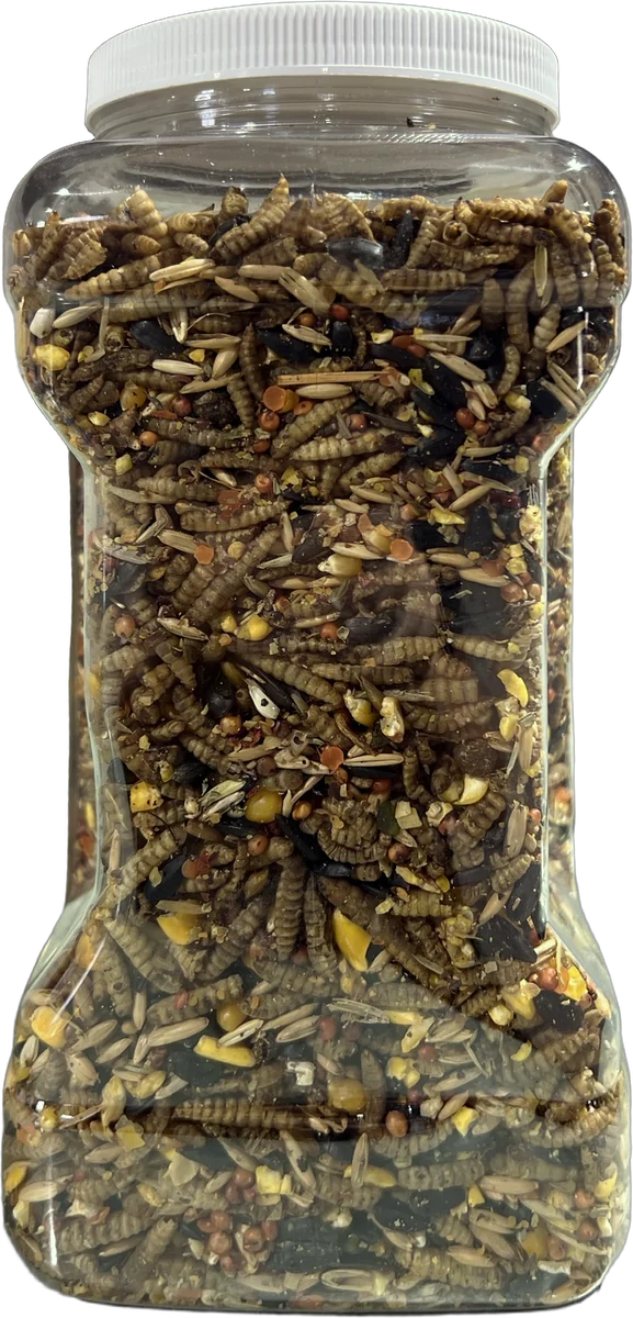 The back of a Coop Cascade jug, full of black soldier fly larvae among the grains and seeds