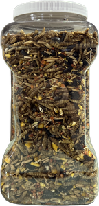 The back of a Coop Cascade jug, full of black soldier fly larvae among the grains and seeds
