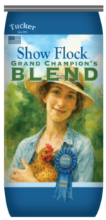 Premium show flock blend for optimal poultry health and performance, emphasizing nutritional quality and freshness, ideal for grand champion poultry shows.