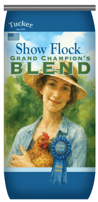 Premium show flock blend for optimal poultry health and performance, emphasizing nutritional quality and freshness, ideal for grand champion poultry shows.